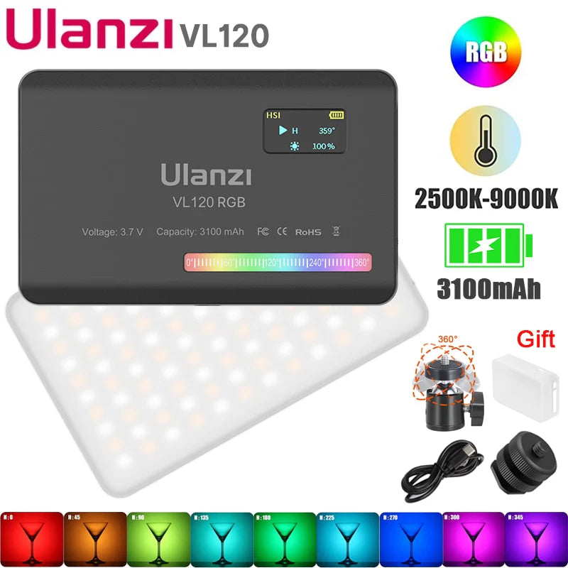 Ulanzi VL120 RGB LED Video Light; Full Color Rechargeable 3100Mah Dimmable 2500-9000K Lamp