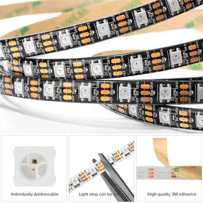 WS2812B RGB IC 5050SMD Pure Gold Led Pixel Strip Flexible Full Color 30/60/74/96/100/144 Pixels/Leds/M DC 5V