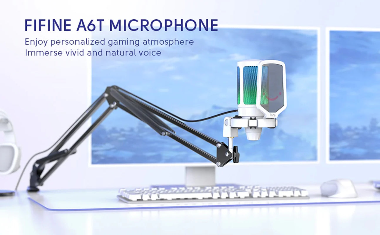 FIFINE USB Gaming Microphone Kit for PC,PS4/5 Condenser Cardioid Mic Set with Mute Button/Rgb /Arm Stand,For Streaming Video-A6T