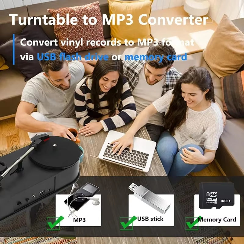 Portable Phonograph 33/45RPM Turntable Player Converter save Vinyl Music Records to MP3 TF Card/Usb Built in Speaker No Need PC