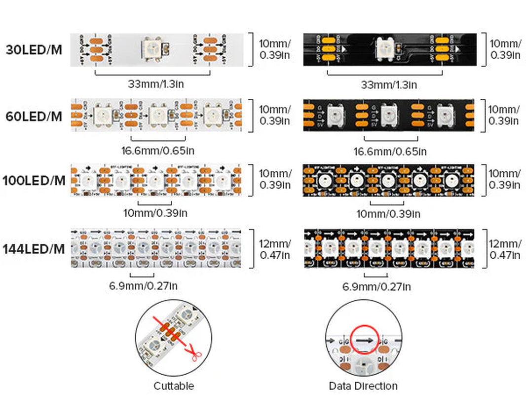 WS2812B RGB IC 5050SMD Pure Gold Led Pixel Strip Flexible Full Color 30/60/74/96/100/144 Pixels/Leds/M DC 5V