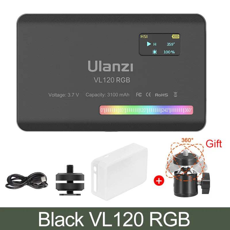 Ulanzi VL120 RGB LED Video Light; Full Color Rechargeable 3100Mah Dimmable 2500-9000K Lamp